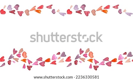 Watercolor hand drawn seamless banner of flying red and purple hearts for Valentine's day. Isolated on white background. Design for paper, love, greeting cards, textile, print, wallpaper, wedding.