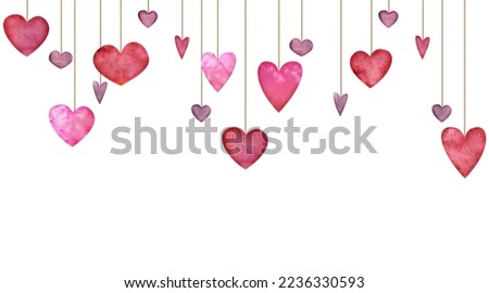 Watercolor hand drawn seamless horizontal banner of red and purple hearts for Valentine's day. Isolated on white background. Design for paper, love, greeting cards, textile, print, wallpaper, wedding.