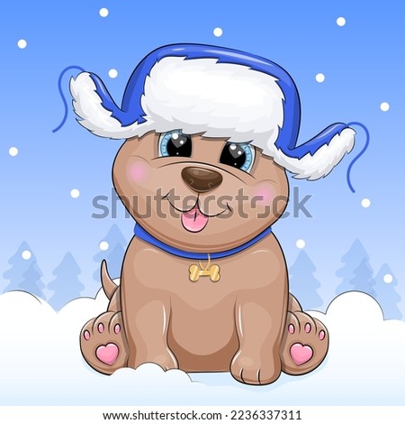 Cute cartoon dog wearing a blue winter hat with ear flaps. Vector illustration of an animal on a blue background with snow.