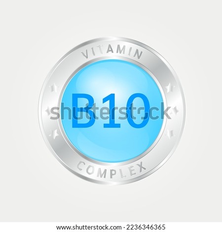 Vitamin B10 Icon structure circle blue. silver border. 3D vector EPS10. Pill complex, collagen serum chemical formula. Beauty treatment nutrition skin care design, healthy. Medical, scientific. 