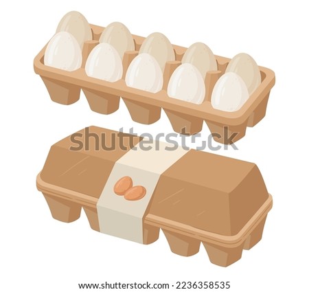 Chicken eggs packaging. Cartoon grocery store eggs in cardboard box, organic healthy food flat vector illustration on white background