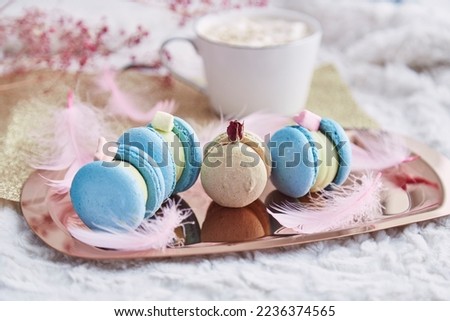 Aesthetic handmade delicate macaroons on the golden tray among feathers and cocoa. Sweet dessert. Royalty-Free Stock Photo #2236374565
