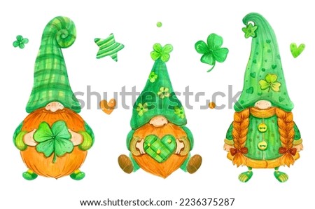 Funny Gnomes - watercolor set of illustrations. Leprechaun. St. Patrick's Day. Greeting card.