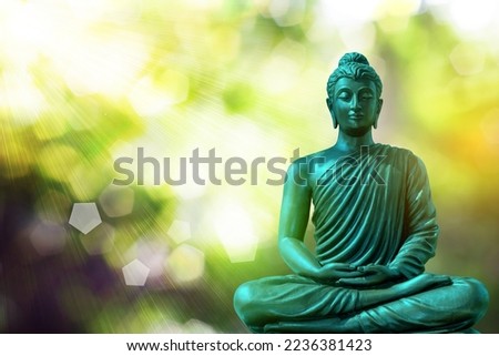 Buddha statue meditating on natural blurred bokeh background.
