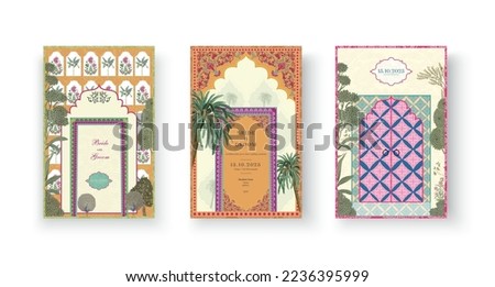 Set of Mughal Wedding Card Design.  Invitation card set for printing vector illustration. Royalty-Free Stock Photo #2236395999