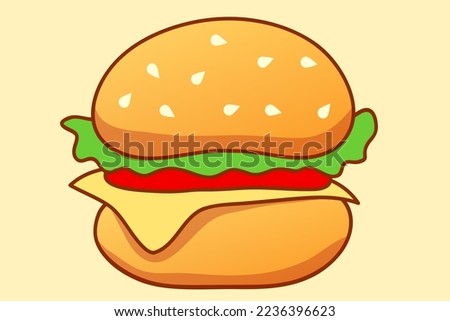 Testy hamburger cartoon illustration. Hamburger with cheese, salad and tomato.