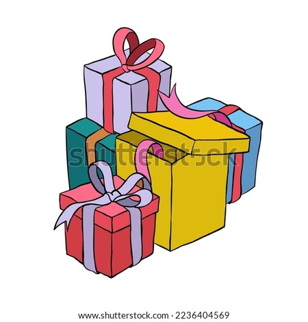 Hand drawn vector illustration of gift box pile. Suitable for design element of birthday party, Christmas present, and special event background.