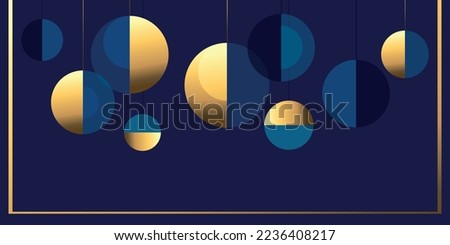 Festive blue and gold frame with bells for greeting and invitation card. Festive abstract balls. Holiday theme. Vector art
