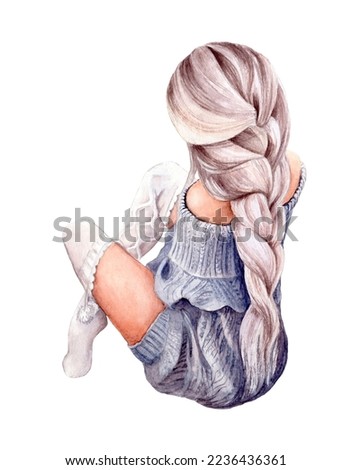 A girl with a long hair in a beautiful sweater hand-drawn in watercolor