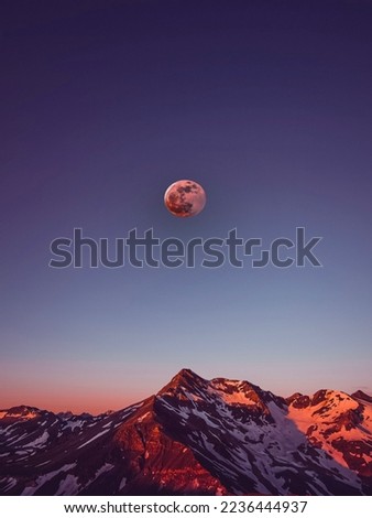 Mountains under stunning moon , sunset scene with moon 