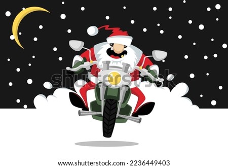Santa Claus biker rides a motorcycle on a moonlit night