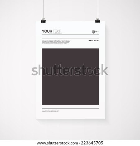 A4 / A3 format poster minimal abstract design with your text, paper clips and shadow  Eps 10 stock vector illustration 