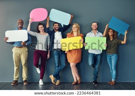 Speech bubbles, blank boards and signs held by voters with freedom of democracy and opinion. The review, say and voice of people in public news adds good comments to a diverse group Royalty-Free Stock Photo #2236464381