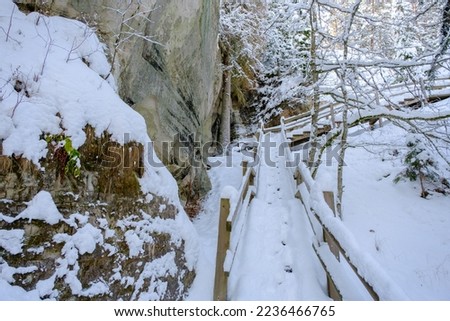 Tourist trail in winter. Wooden stairs by sandstone cliffs. The rock landscape of Sietinezis in the Gauja National Park.