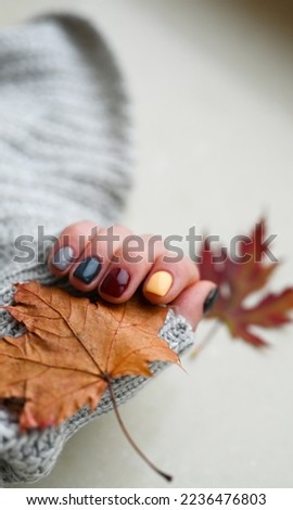 Women's hands with colorful pattern on the nails. Top view. Place for text