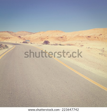 Winding Asphalt Road in the Negev Desert in Israel, Instagram Effect