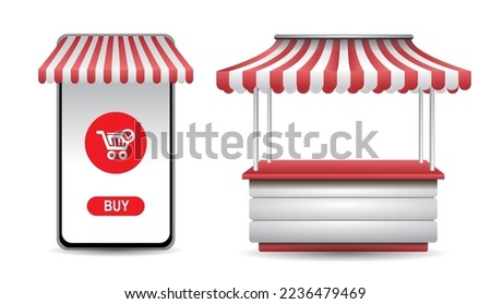 illustration of market stall or mobile commerce with red and white awning striped isolated Royalty-Free Stock Photo #2236479469