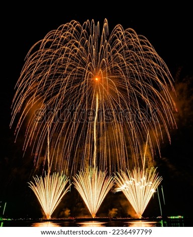 Firework display at night on isolated black background at Pattaya City. 