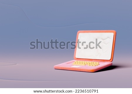 3d laptop computer monitor from plasticine isolated on blue background. minimal notebook clay toy icon concept, 3d render illustration, clipping path