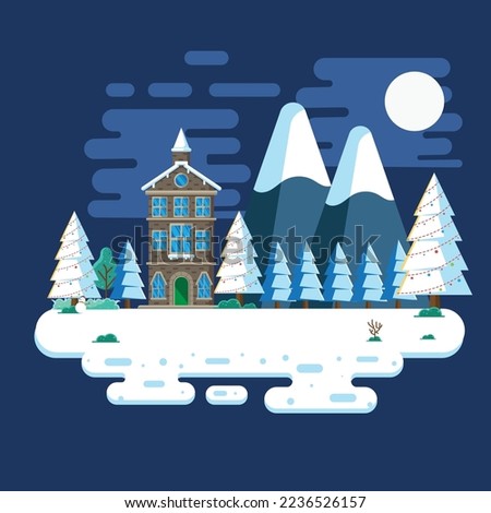 Winter landscape in the night with flat design illustration