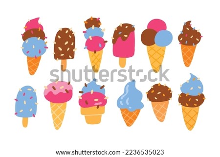 Set of sweet ice cream in various taste and toppings