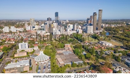 Panoramic aerial drone view of Parramatta CBD in Greater Western Sydney, NSW, Australia showing development of the city as at December 2022 Royalty-Free Stock Photo #2236543809