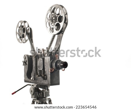 Movie projector with the film on a white background