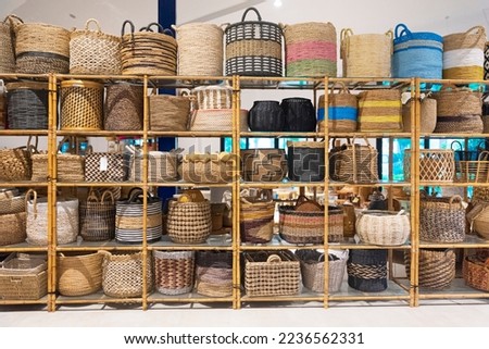 Handicraft stall of colorful wicker rattan basket