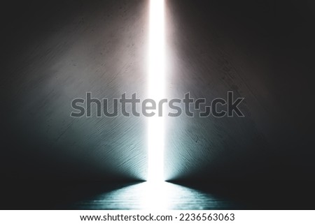 Bright light between two walls. Light from the opening large stone gate, portal. A light in the end of a tunnel. The concept of success, freedom of choice, open mind, meditation. Royalty-Free Stock Photo #2236563063