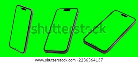 Mockup set smart phone 14 pro max with green screen for VDO editor and modern frameless design in two rotated perspective positions - isolated on black background - Clipping Path