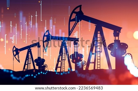 Quarrying oil and stock market, forex hud with numbers and candlesticks. Financial data with chart and analysis. Concept of mining and oil prices