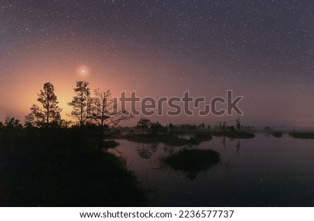 Amazing Glowing Stars Effects Above Landscape. Milky Way Galaxy In Night Starry Sky Above Rural Landscape In Summer Season. Real Colorful Night Stars Above Swamp. Natural Starry Sky Above Landscape. Royalty-Free Stock Photo #2236577737