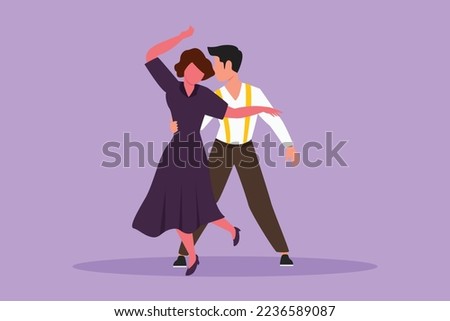 Character flat drawing of young man and woman professional dancer dancing tango, waltz dances on dancing contest dancefloor. Happy couple performance at night party. Cartoon design vector illustration Royalty-Free Stock Photo #2236589087