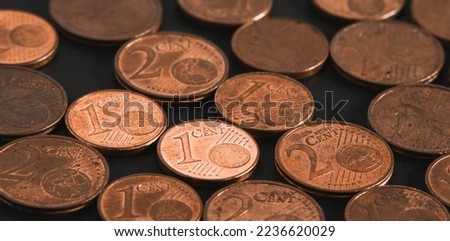 Euro cent coins on table close up. Abstract background from coins. Soft focus. Royalty-Free Stock Photo #2236620029