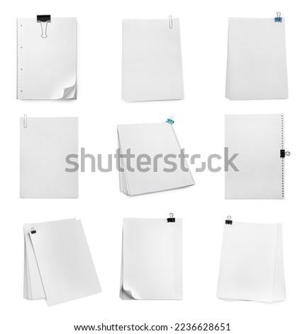 Set of sheets of paper on white background, top view