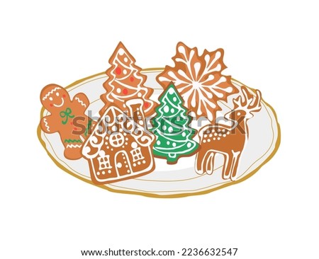 Gingerbreads, Christmas cookies set. Xmas ginger bread, biscuits different shapes with sweet sugar glaze. Festive holiday dessert, bakery. Flat vector illustration isolated on white background