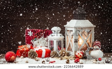 Christmas lantern scene. Merry Christmas greeting card.