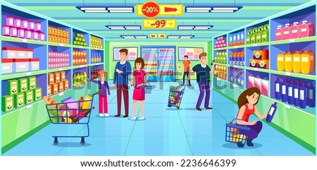 Supermarket interior design. Grocery shop interior. Store with discounts. A man, a woman and a family with a kid shopping. People buying products on a sale. Cartoon style vector illustration.