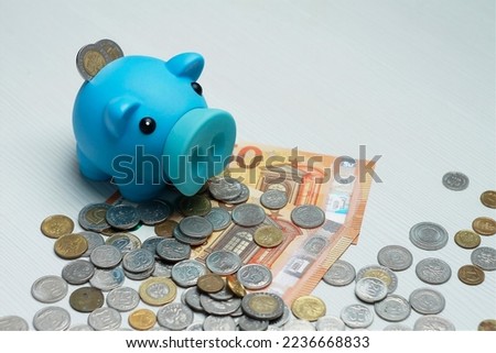Blue piggy bank with money coin on white background