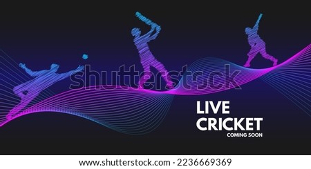 Live Cricket Championship League match poster or banner concept. An abstract wave design element. Background of stylized line art. batsman, bowler, fielder in background. Royalty-Free Stock Photo #2236669369