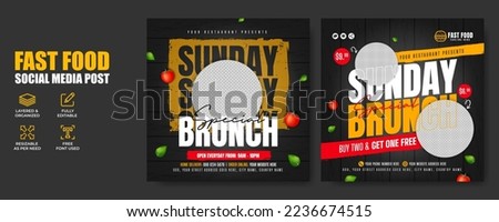 Fast food social media banner post template with restaurant logo and business icon. Pizza, burger or hamburger online sale promotion flyer. Healthy food menu marketing web poster abstract background