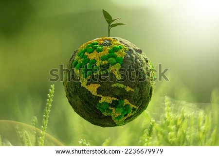 Green planet Earth from natural moss with plant. Symbol of sustainable development and renewable energy Royalty-Free Stock Photo #2236679979