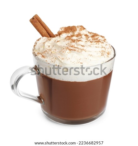 Glass cup of delicious hot chocolate with whipped cream and cinnamon stick on white background