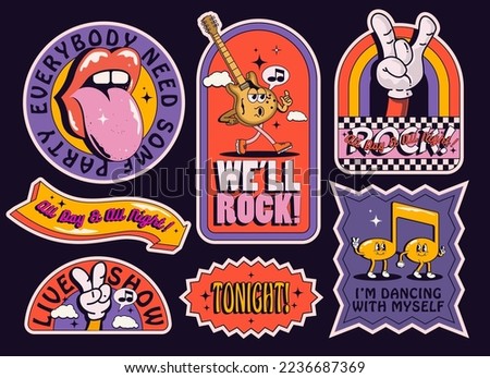 Retro rock music style party sticker or label or badge set with vintage cartoon characters and guitar and lettering for live music event isolated on black background. Vector illustration