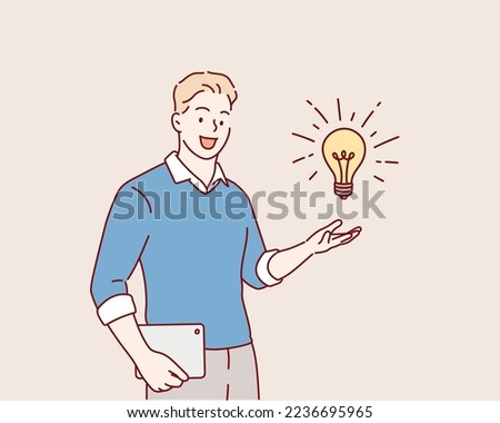 Hand holds a light bulb. Idea creative inspiration concept. Hand drawn style vector design illustrations.
