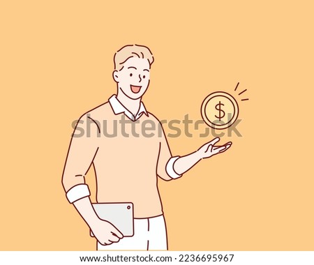 Young man holding a gold coin. Earning money, increasing capital, the pursuit of money, capital gains, cash gains concept. Hand drawn style vector design illustrations. Royalty-Free Stock Photo #2236695967