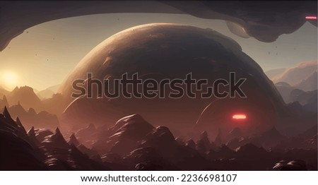 3D illustration of gigantic spherical structure in rocky alien environment outer planet landscape digital concept art Royalty-Free Stock Photo #2236698107