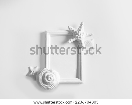 White frame mockup with seashells on white wall background. Template photo frame for text. Poster mockup.