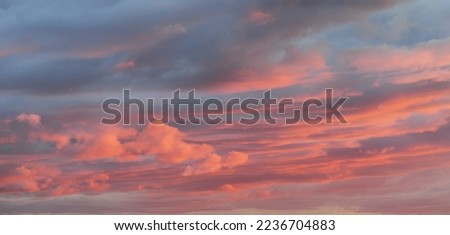 Sunset sky, glowing pink and golden clouds after the storm. Dramatic cloudscape. Concept art, meteorology, heaven, hope, peace, graphic resources, picturesque panoramic scenery Royalty-Free Stock Photo #2236704883