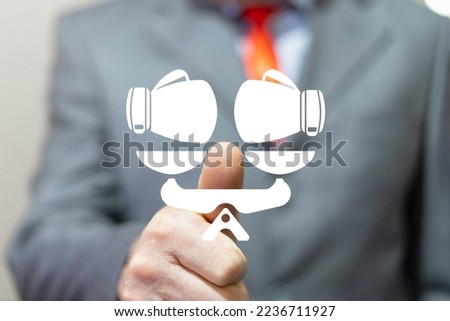Mediator using virtual touchscreen presses icon: scales with boxing gloves. Concept of mediation. Service of arbitration, negotiation, mediation lawyer. Business Mediate.